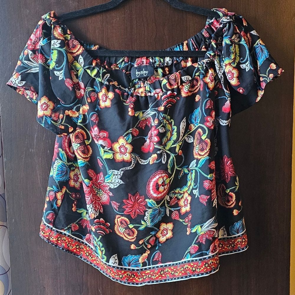 By & By Vibrant Floral Off-Shoulder Blouse - Black and Red